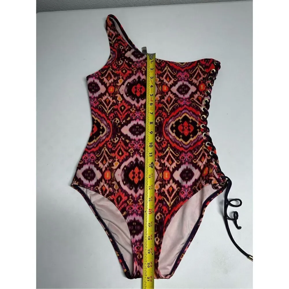 Victoria's Secret Red Pink Paisley One Shoulder Side Lace Up One Piece Swimsuit